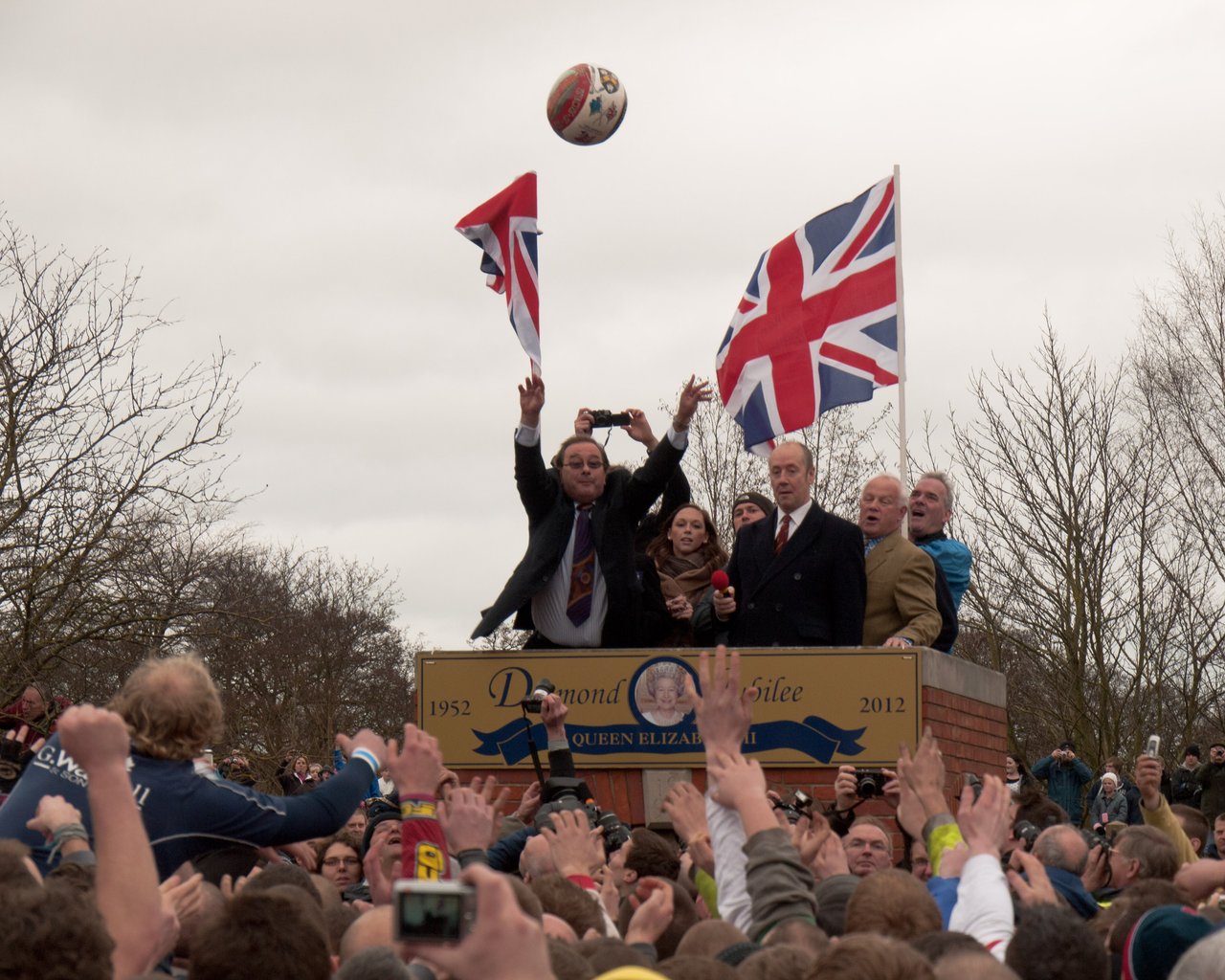 The ball is thrown into the crowd, during the Royal Shrovetide Football 2012 at Ashbourne