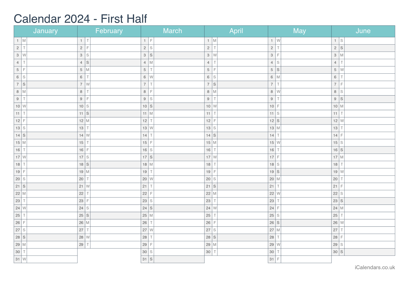 Half year calendar 2024 - Turquesa
