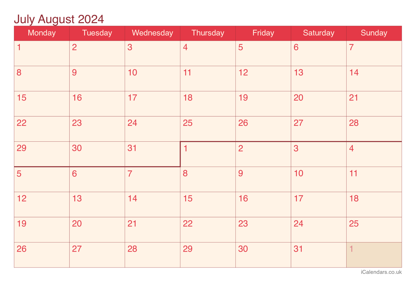 Calendar July August 2024 - Cherry