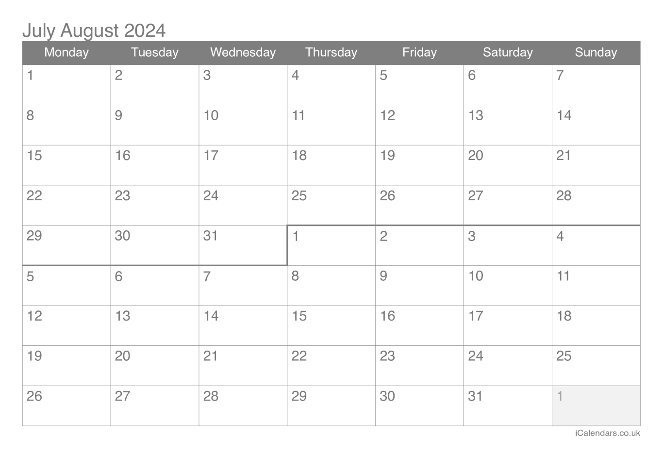 Calendar July August 2024