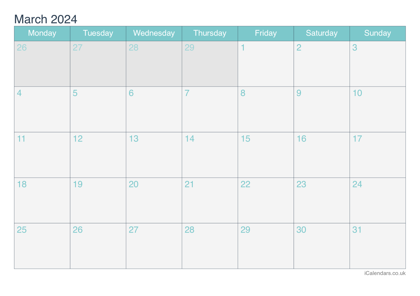 Calendar March 2024 - Turquesa