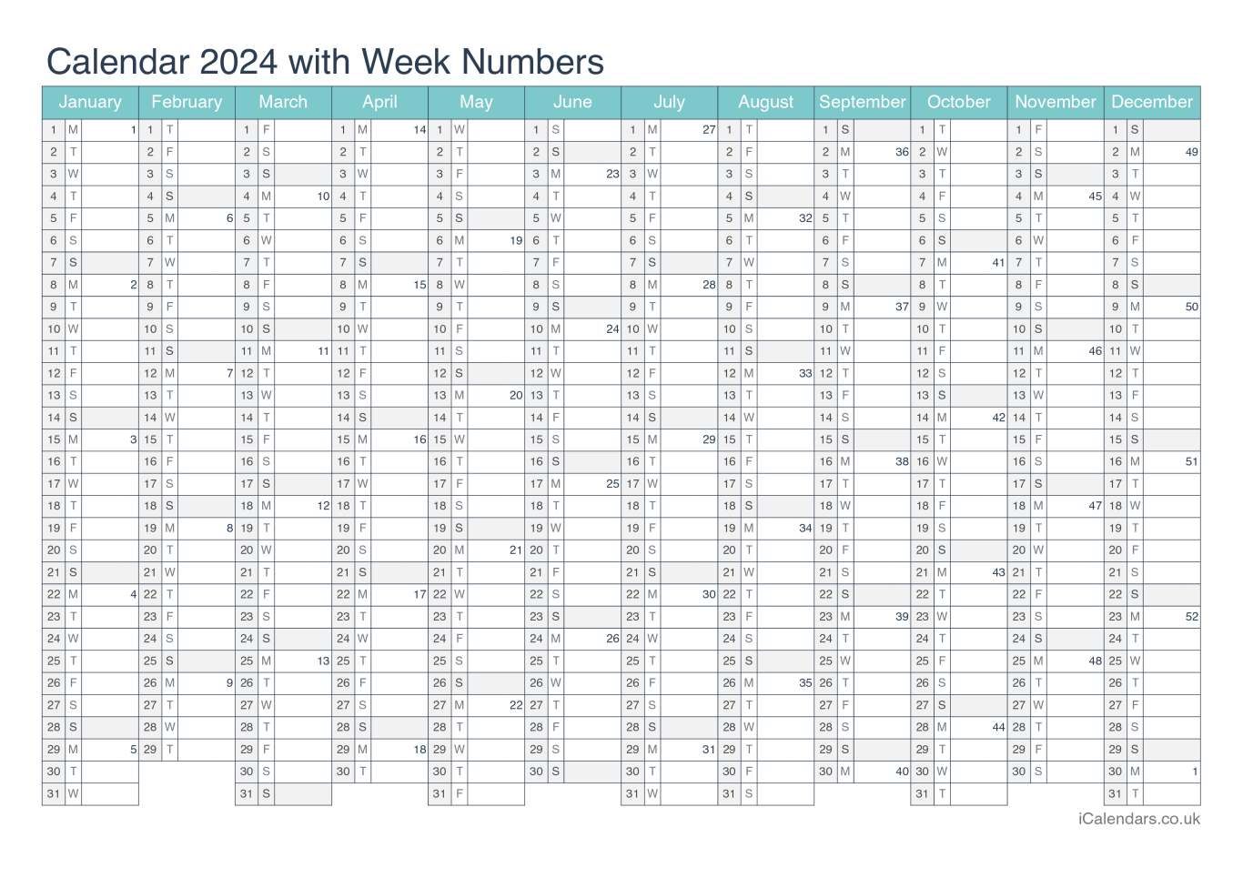 Calendar 2024 with week numbers - Turquesa