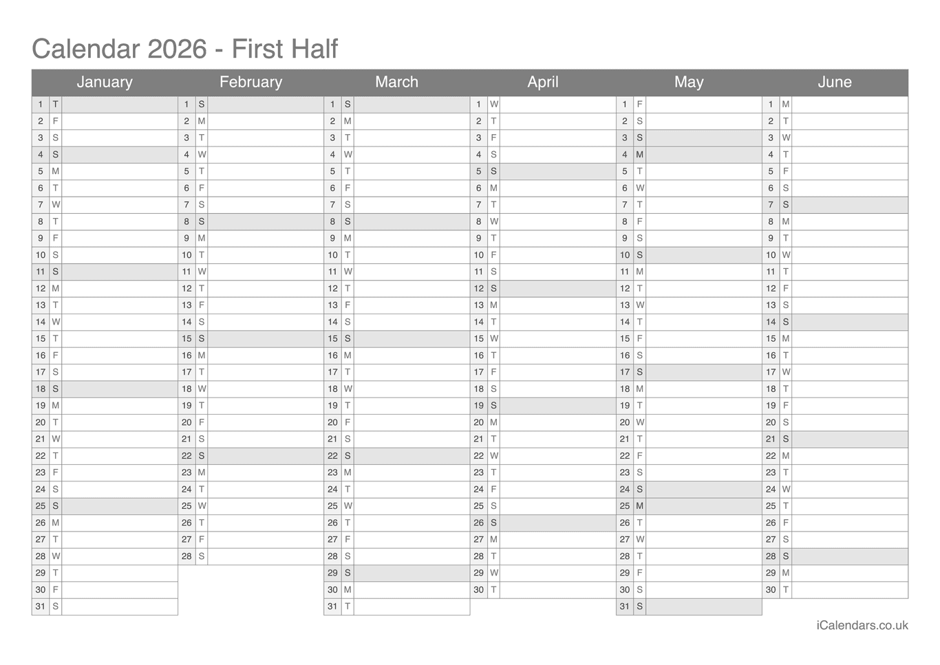 Half year calendar 2026
