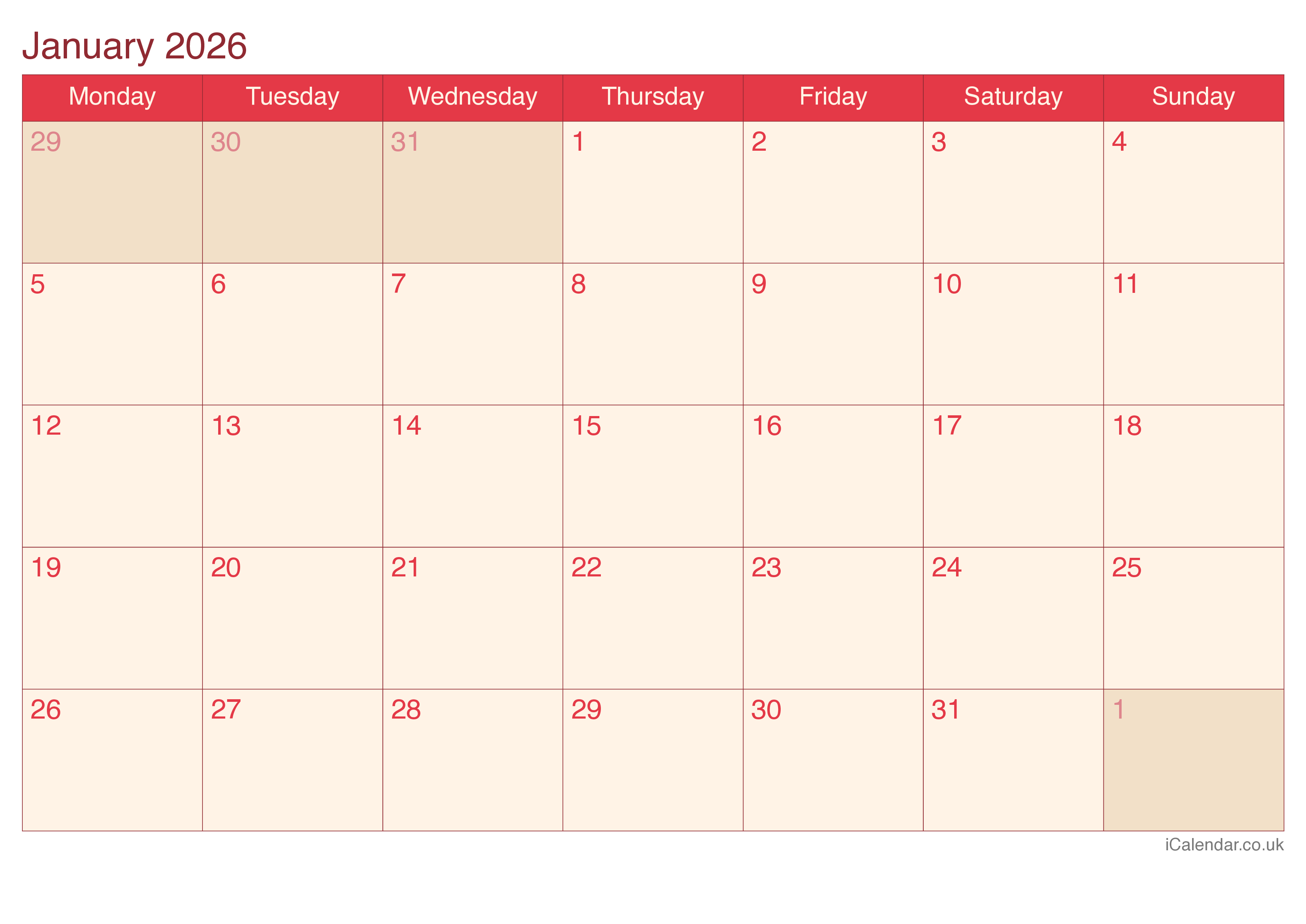 Monthly Calendar 2026 - Cherry