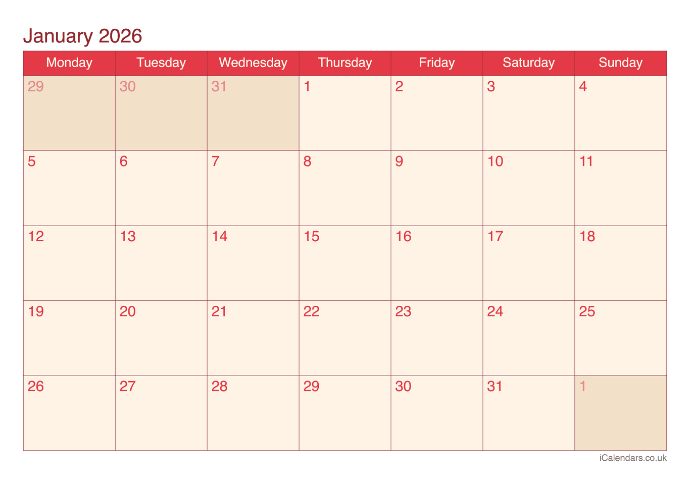 Monthly Calendar 2026 - Cherry