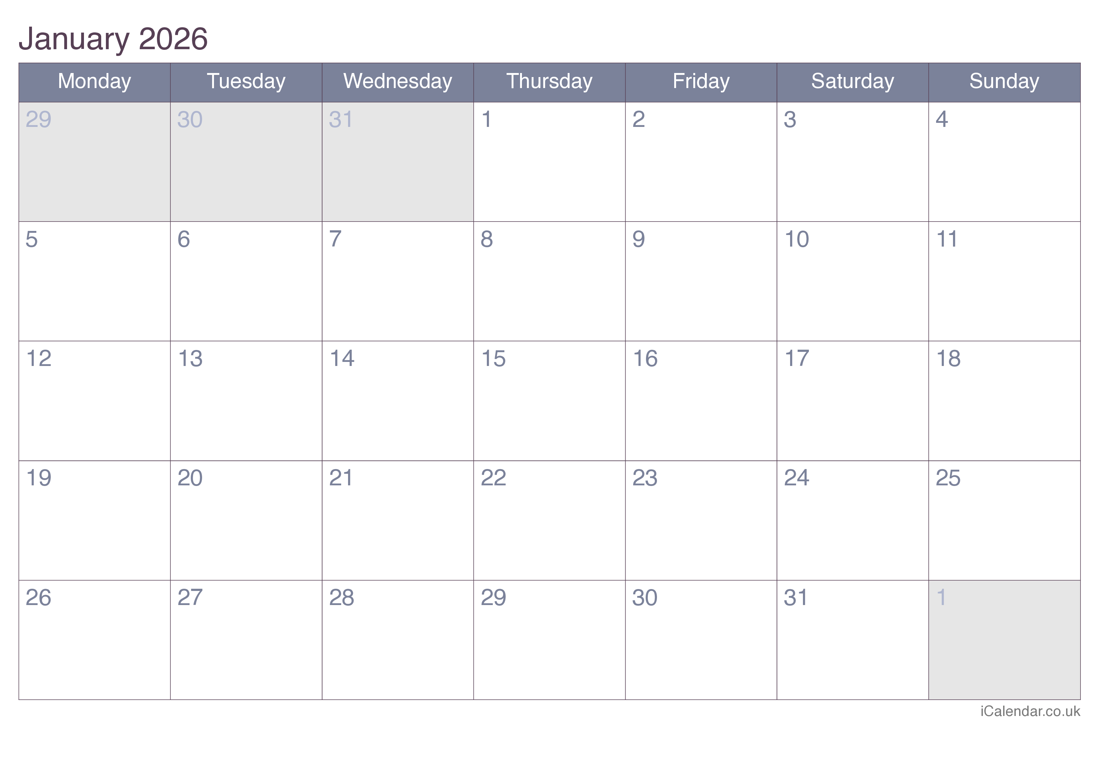Monthly Calendar 2026 - Office