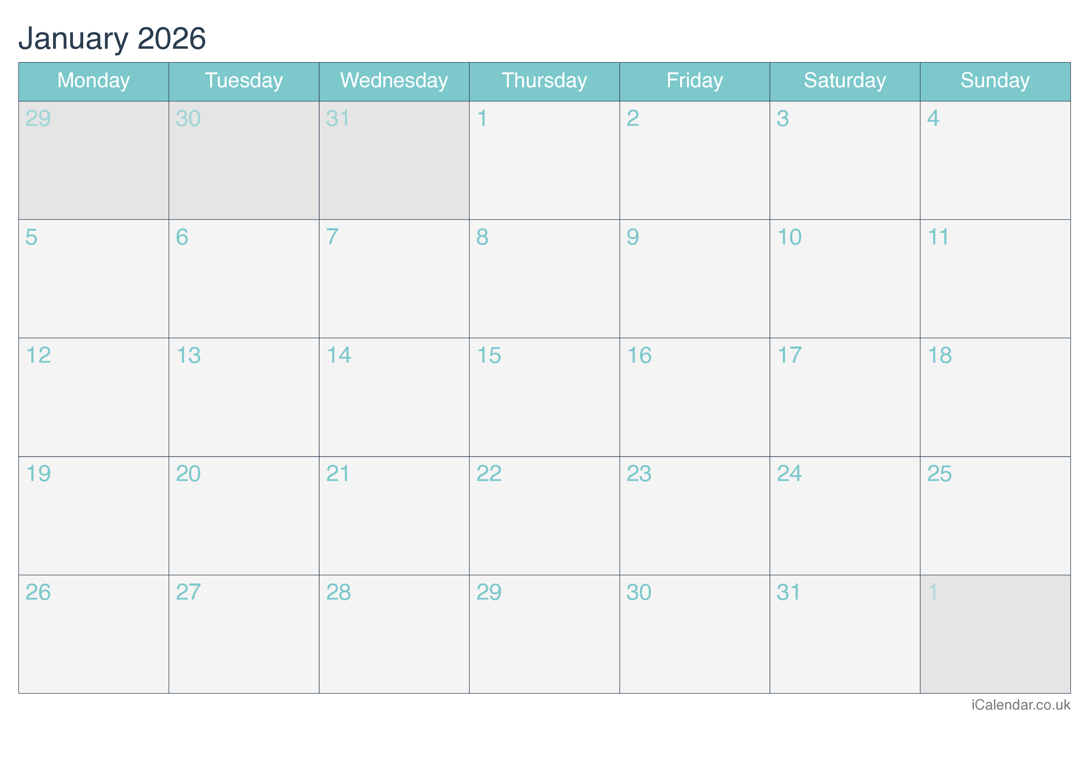 Monthly Calendar 2026 - Turquesa