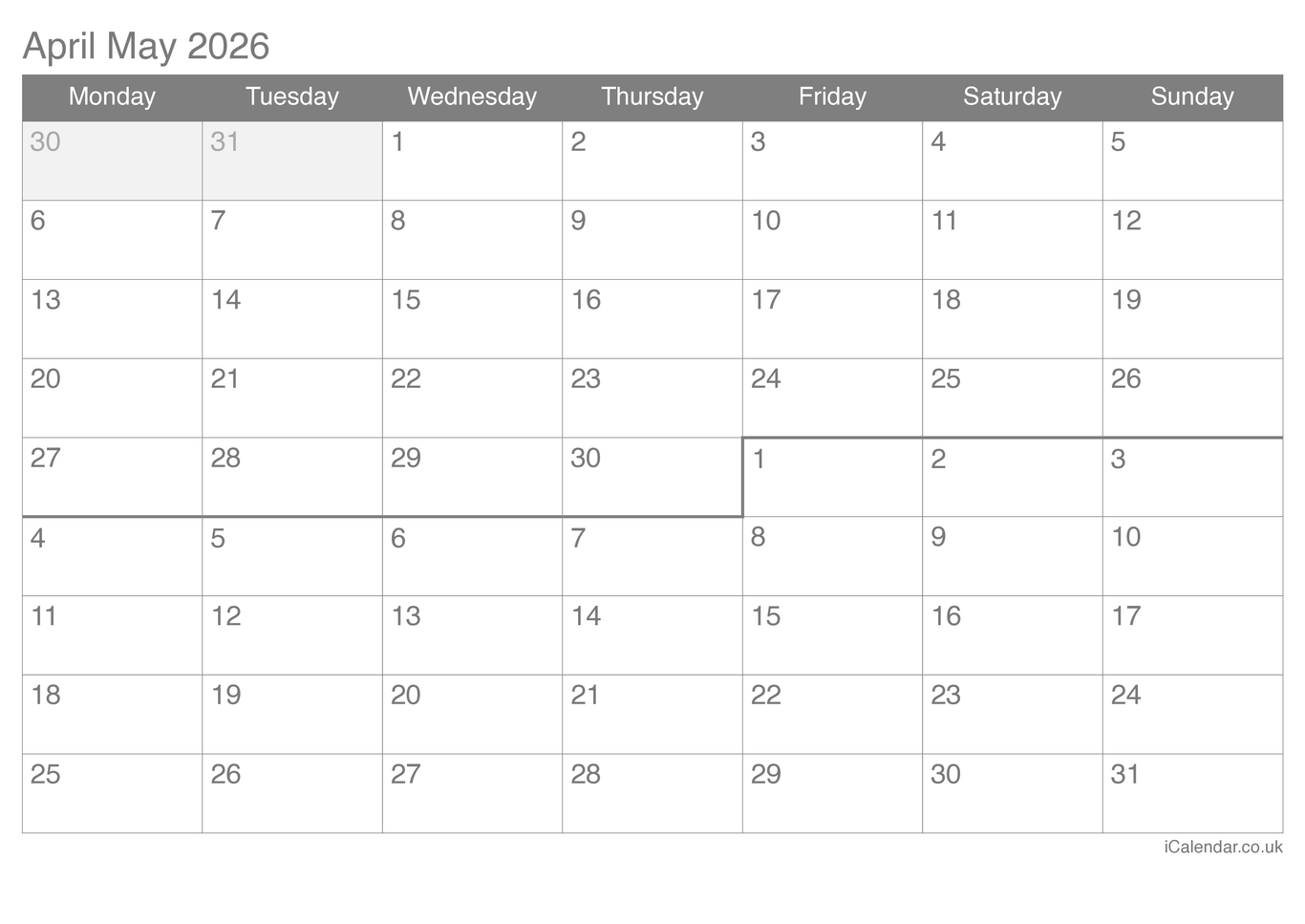 2026 April May Calendar