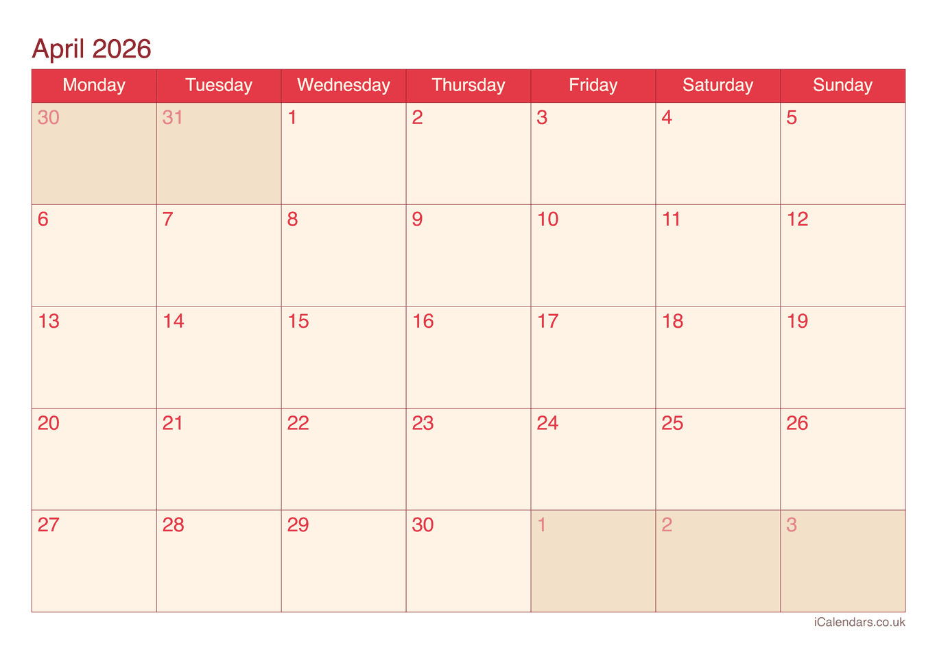 Calendar April 2026 - Cherry