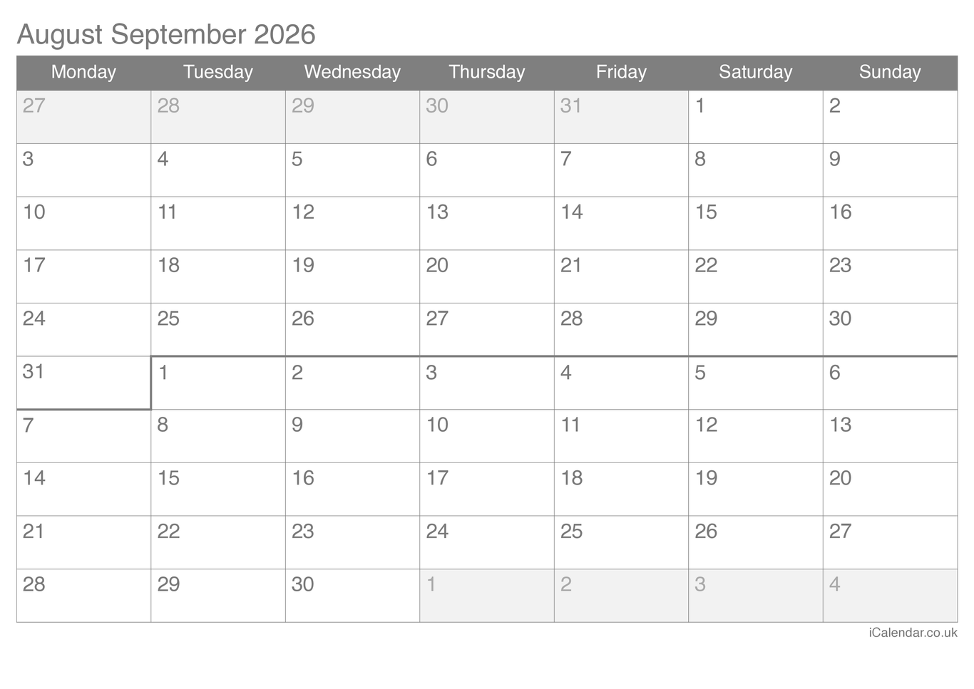 2026 August September Calendar