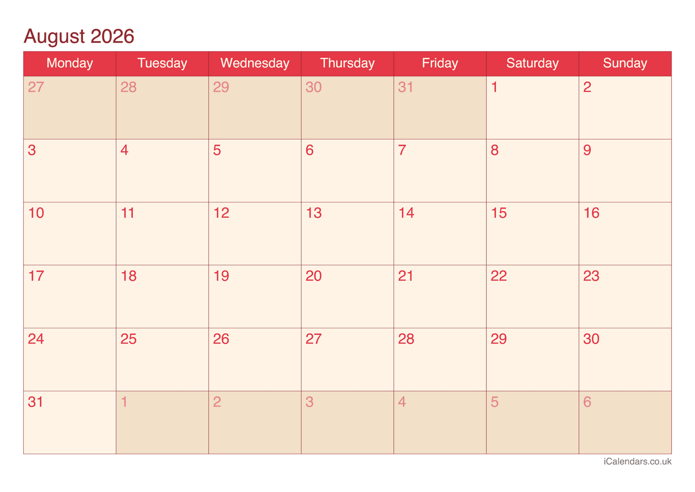 Calendar August 2026 - Cherry