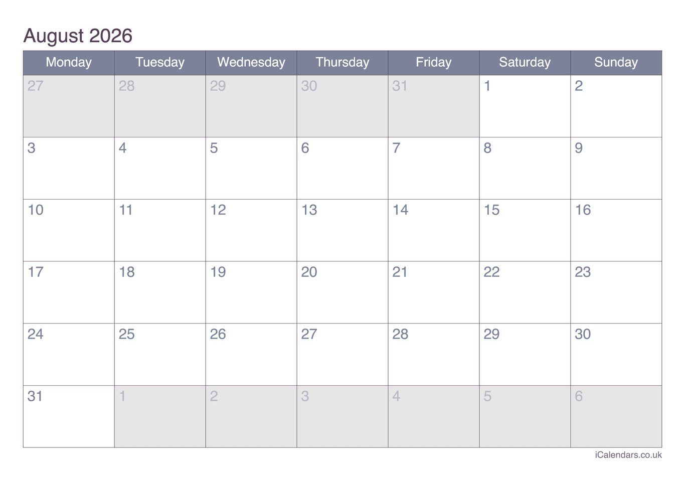 Calendar August 2026 - Office