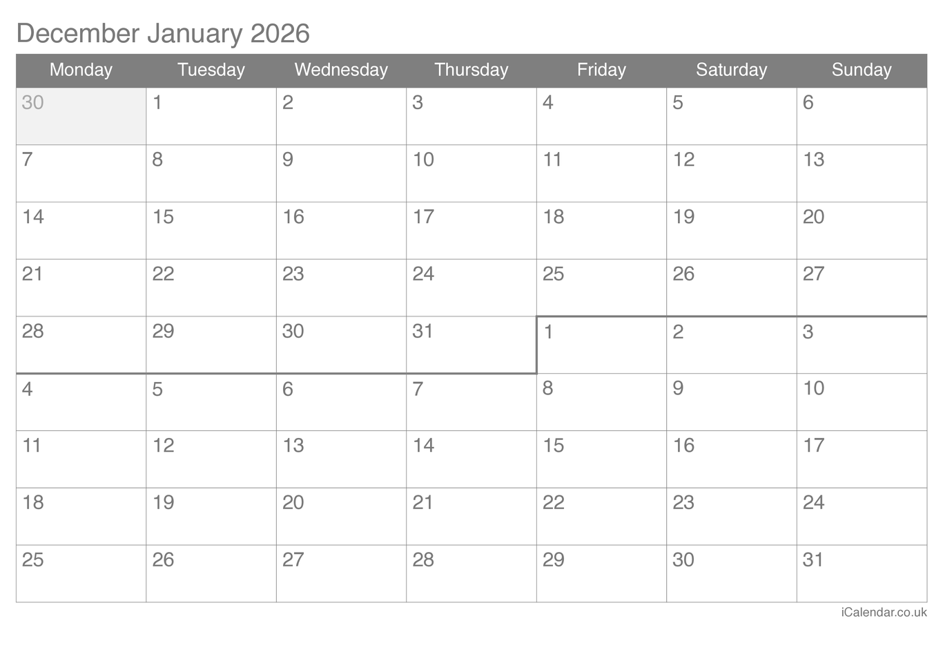 2026 December January Calendar