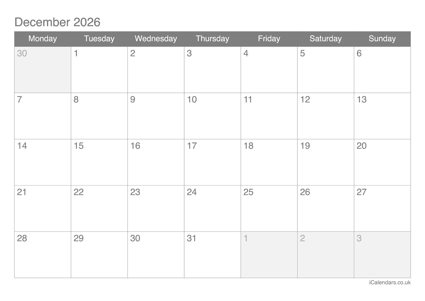 Calendar December 2026