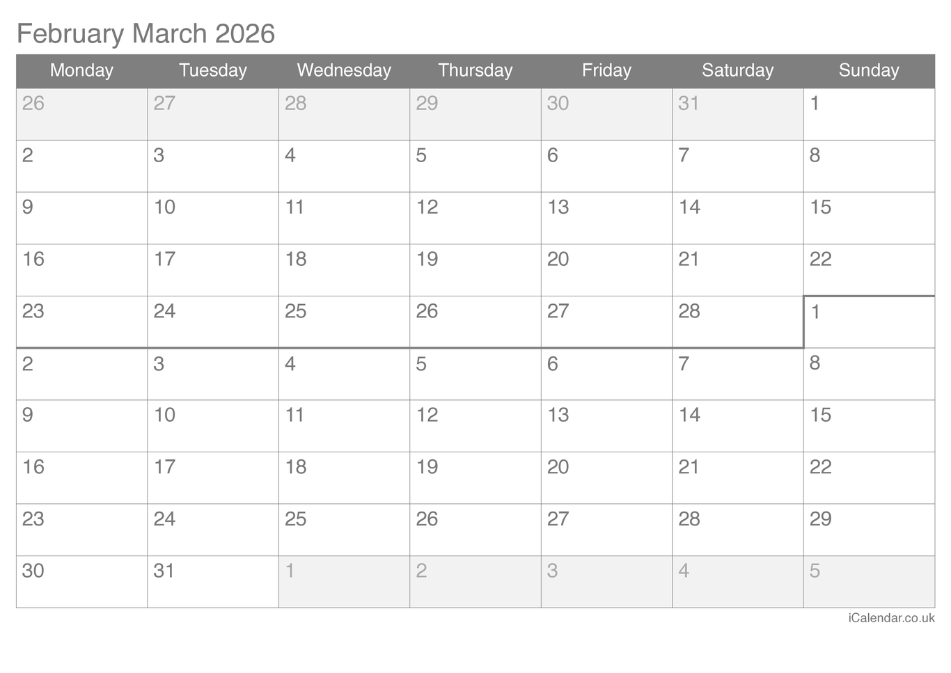 2026 February March Calendar