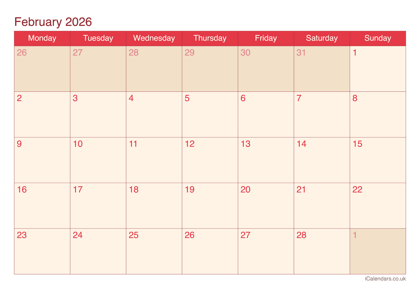 Calendar February 2026 - Cherry