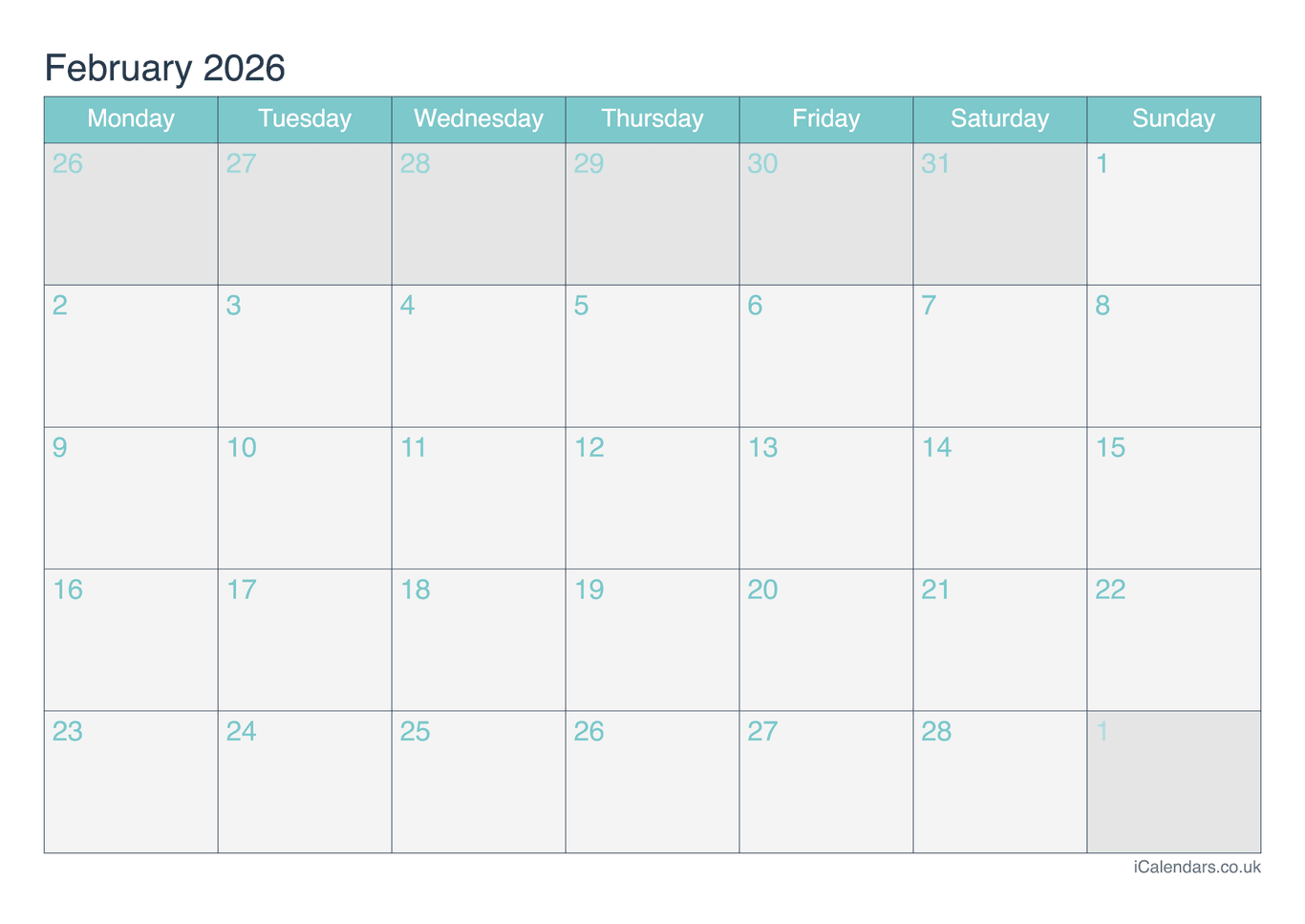 Calendar February 2026 - Turquesa