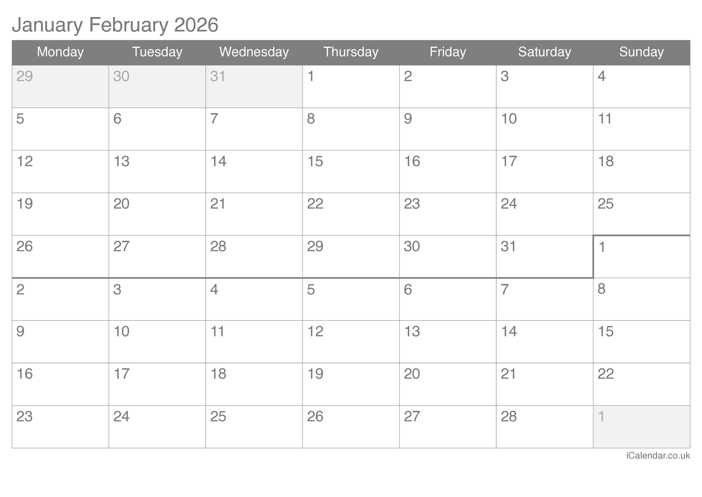 2026 January February Calendar