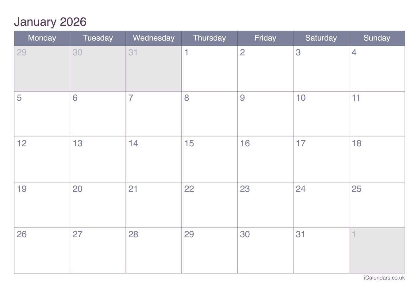 Calendar January 2026 - Office