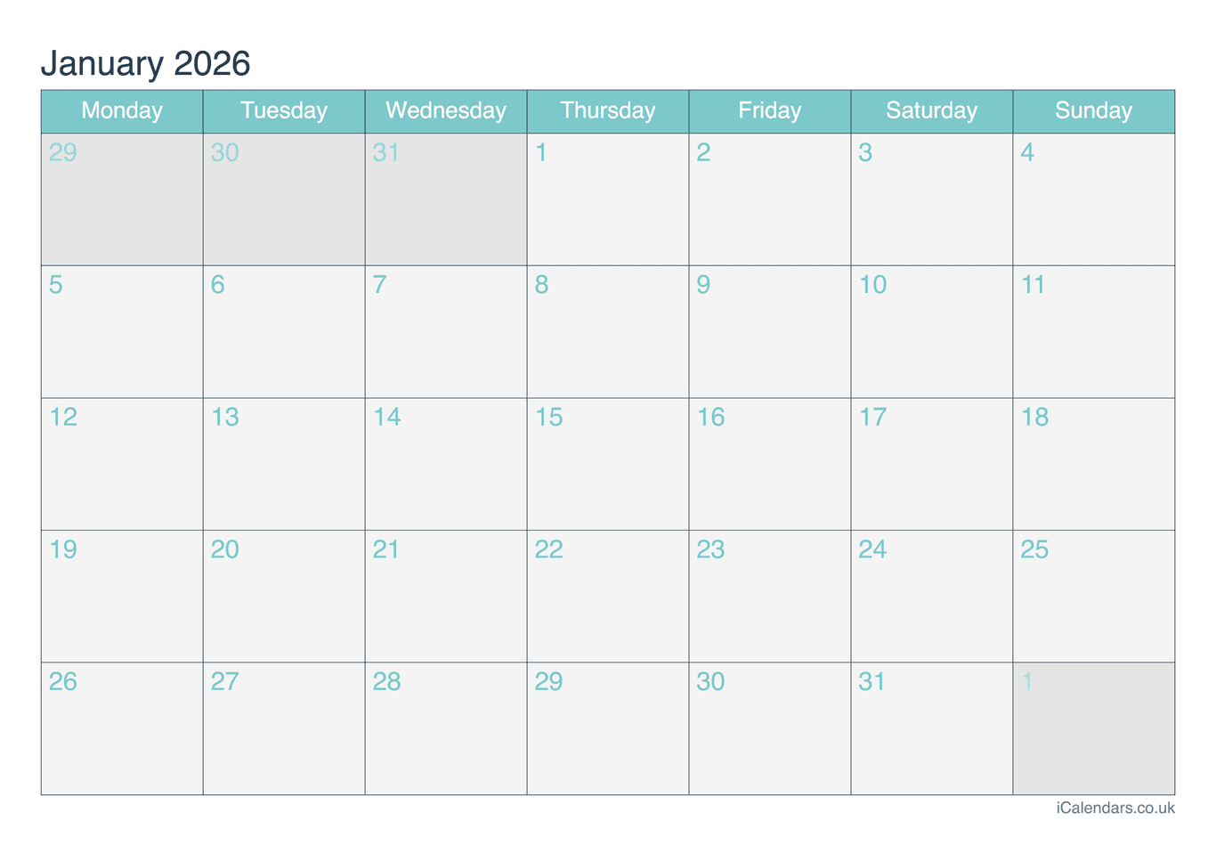 Calendar January 2026 - Turquesa