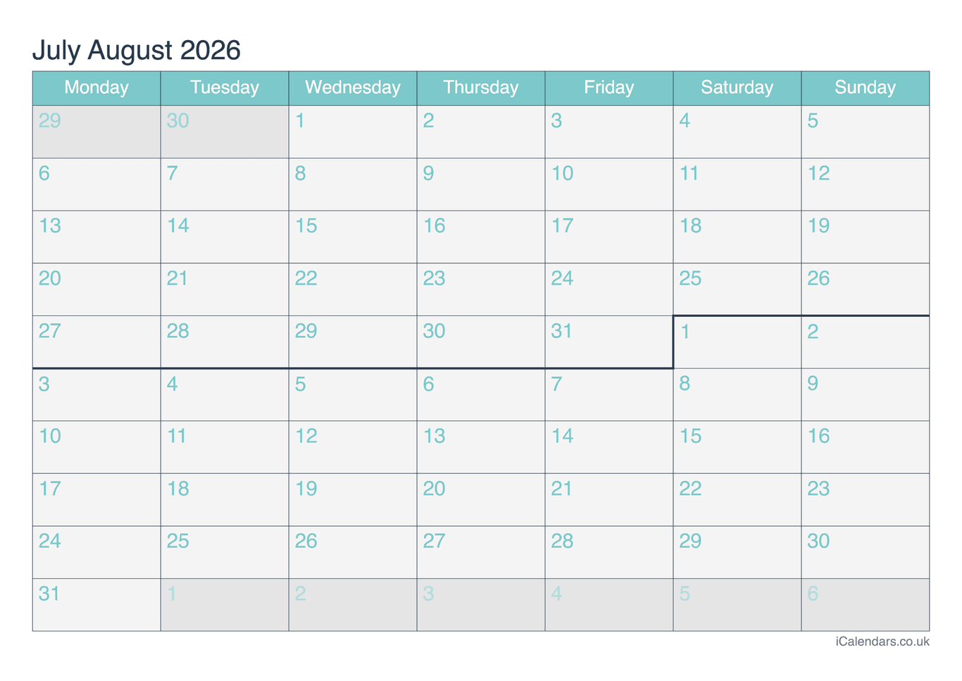 Calendar July August 2026 - Turquesa