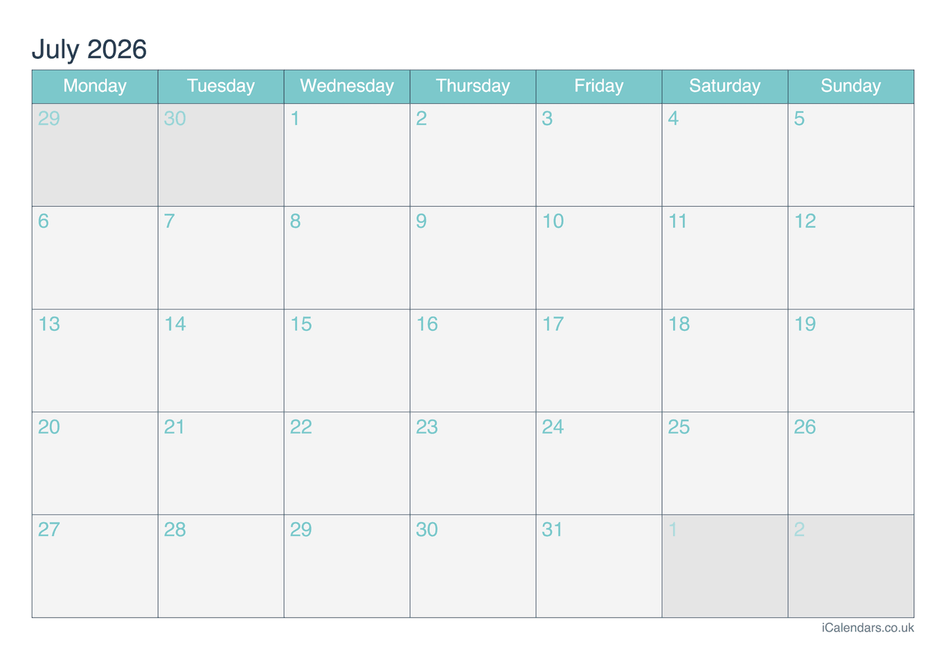 Calendar July 2026 - Turquesa