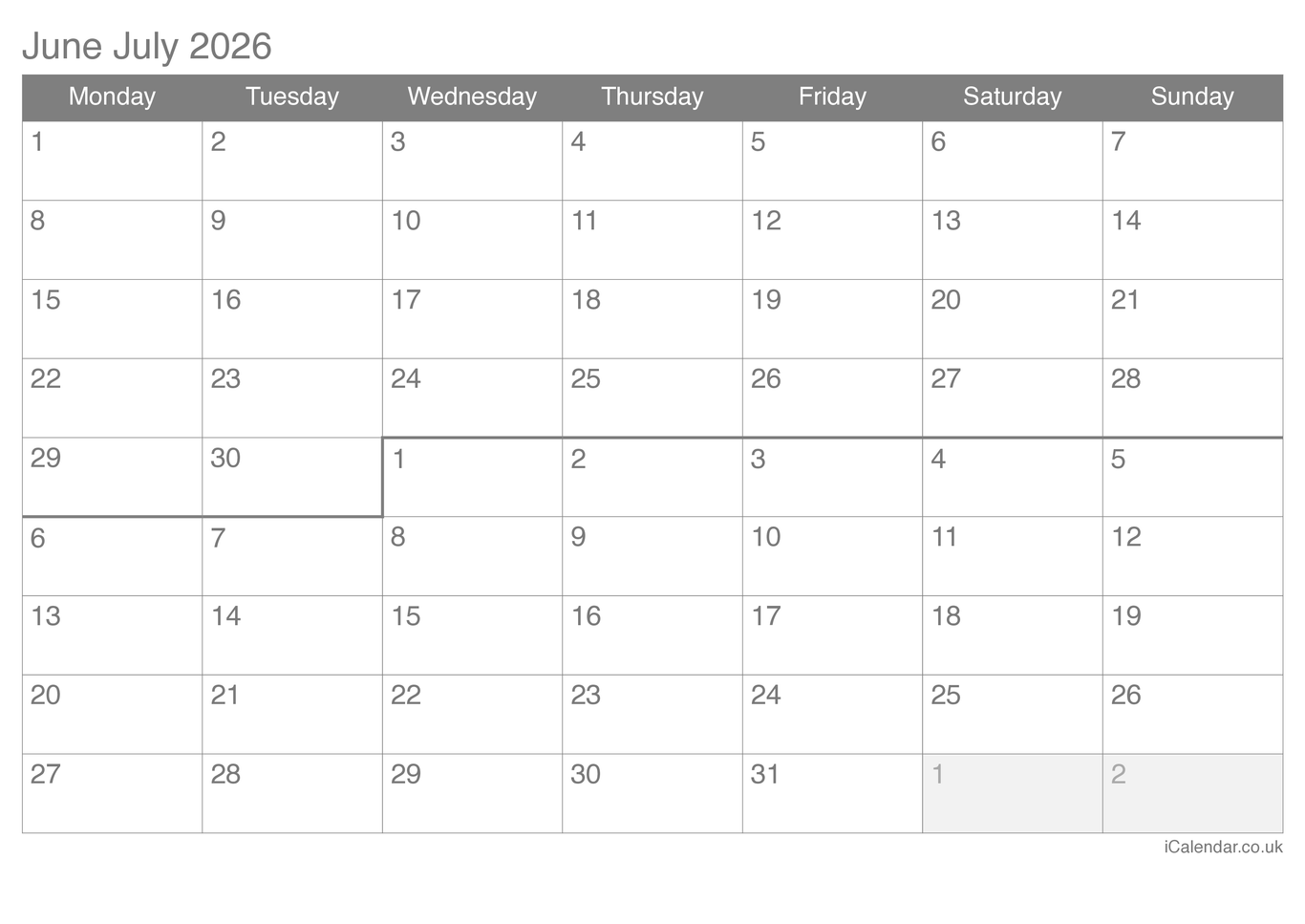 2026 June July Calendar