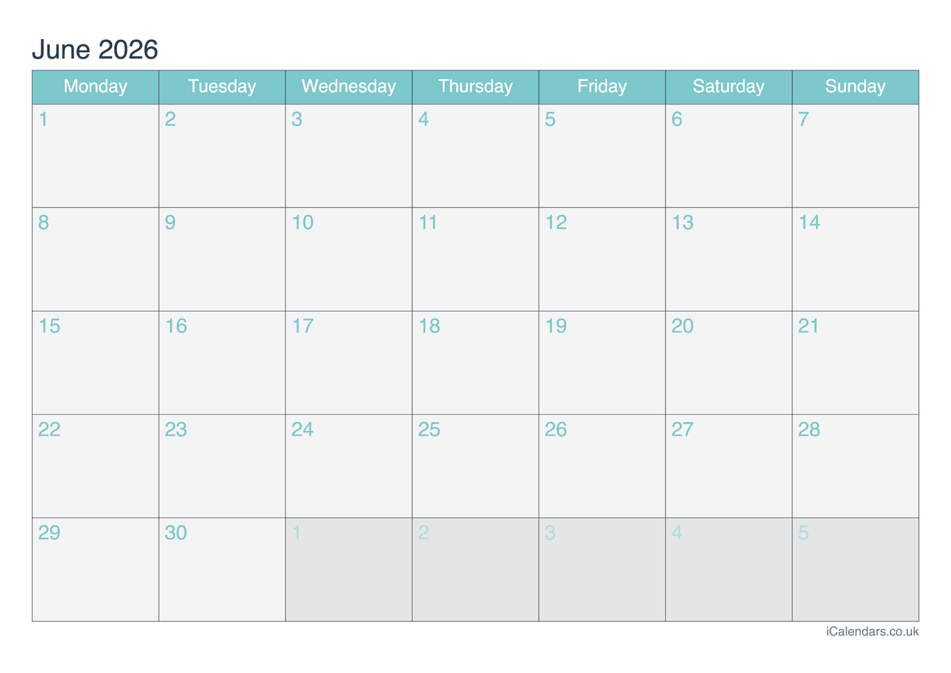 Calendar June 2026 - Turquesa