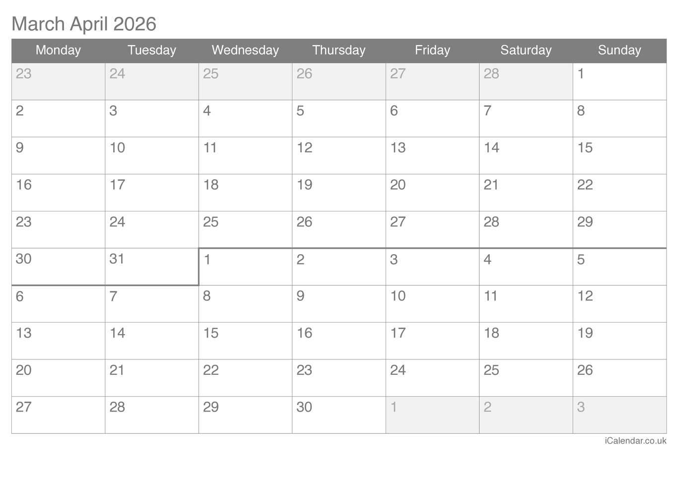 2026 March April Calendar