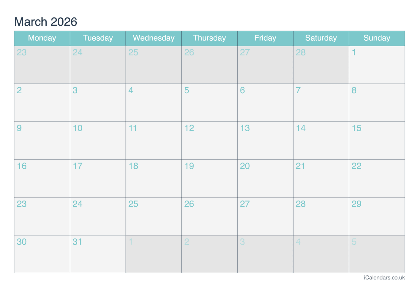 Calendar March 2026 - Turquesa