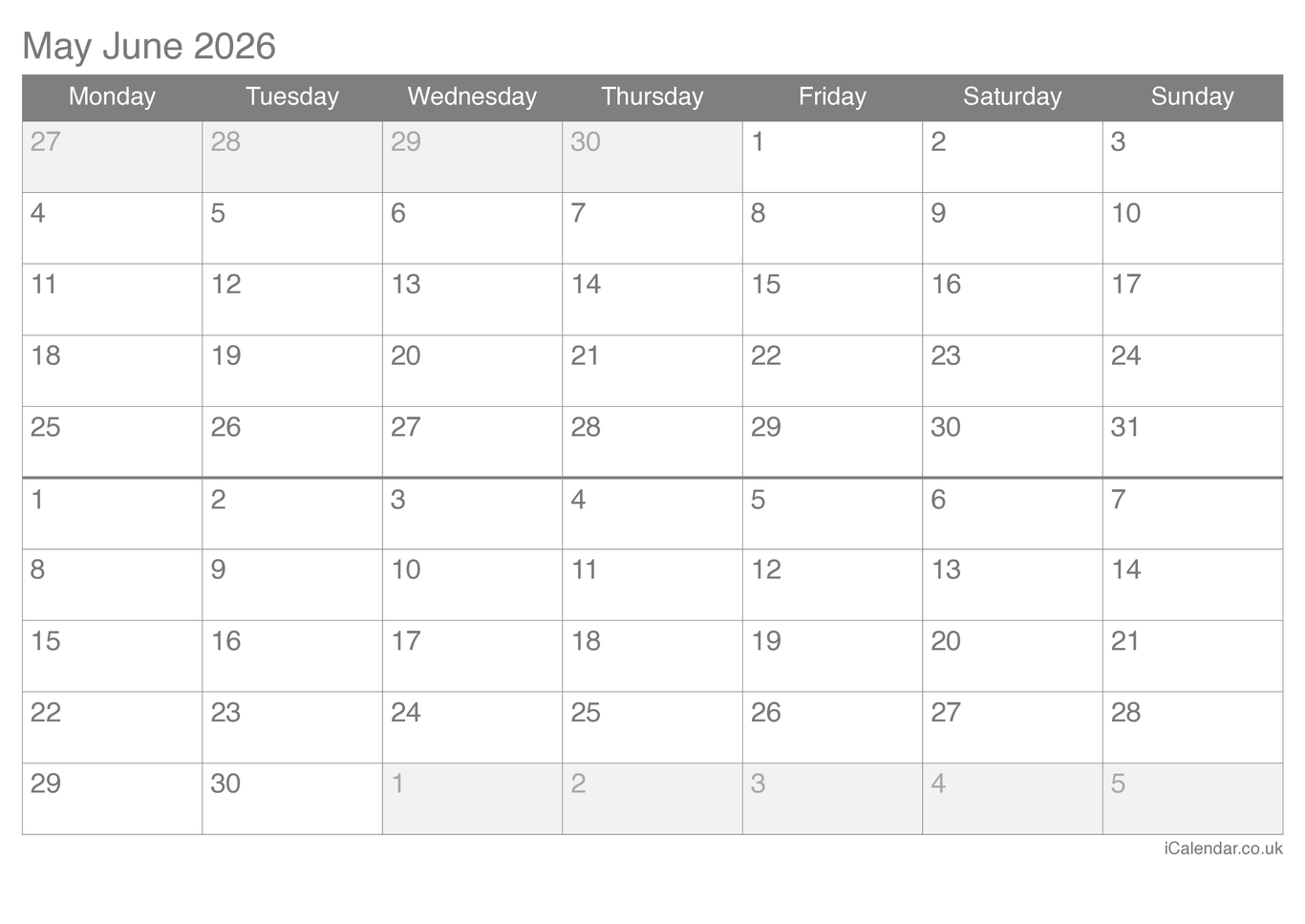 2026 May June Calendar