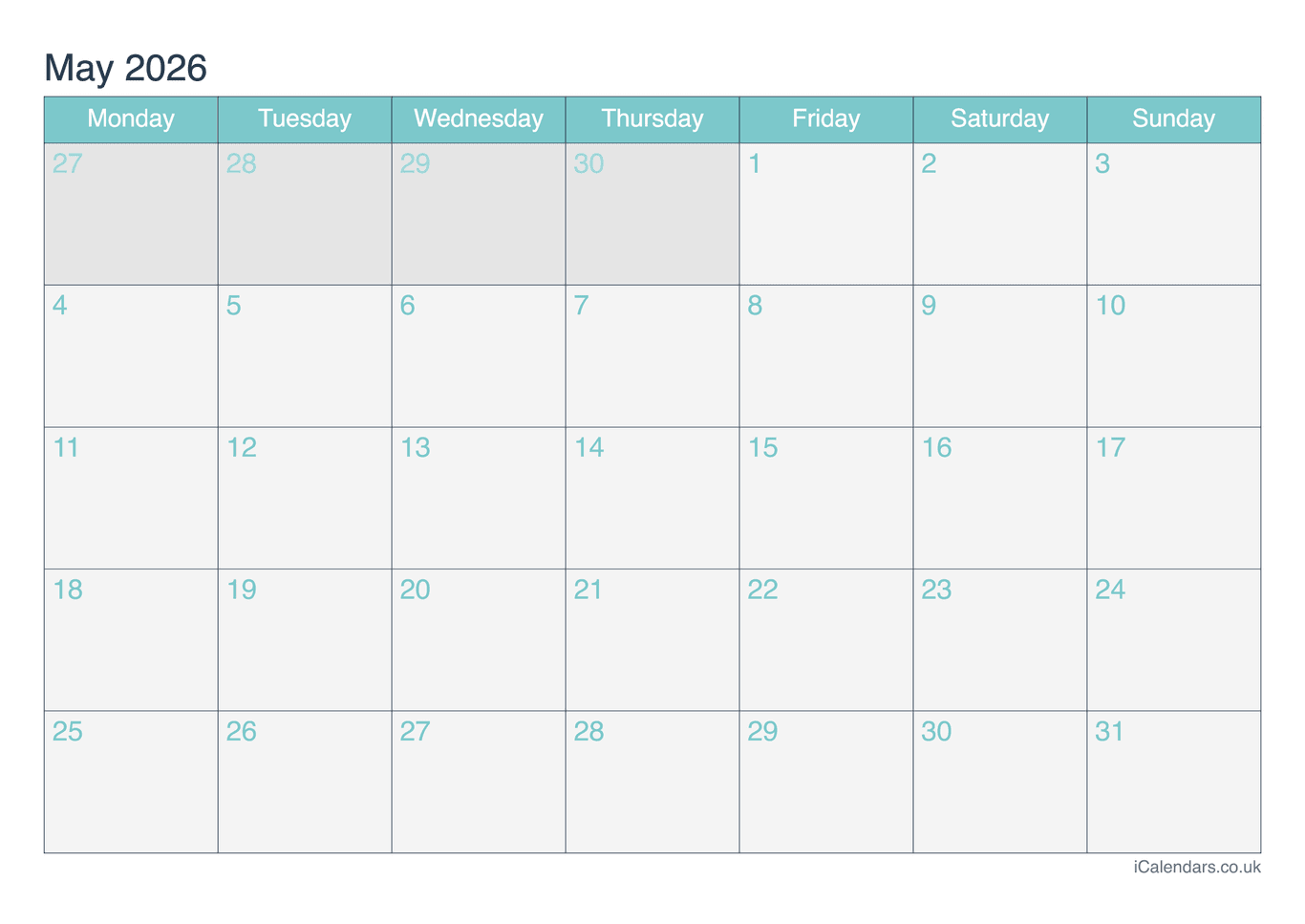 Calendar May 2026 - Turquesa