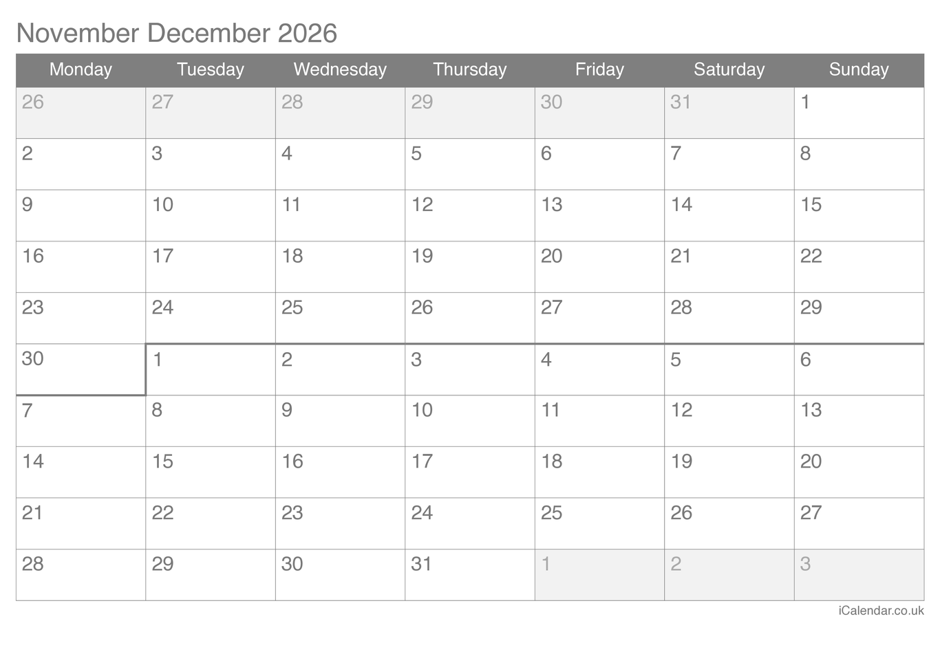 2026 November December Calendar