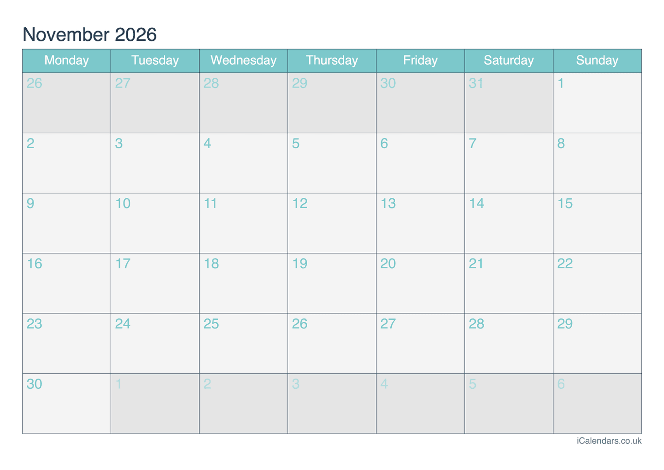 Calendar November 2026 - Turquesa