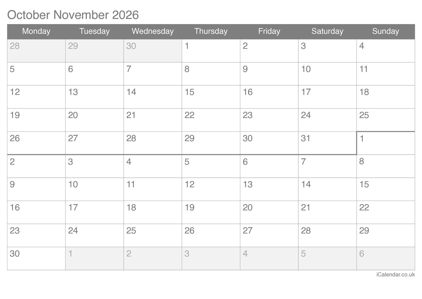 2026 October November Calendar