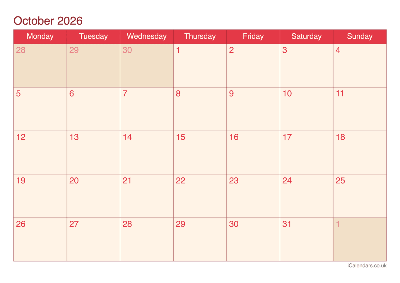 Calendar October 2026 - Cherry