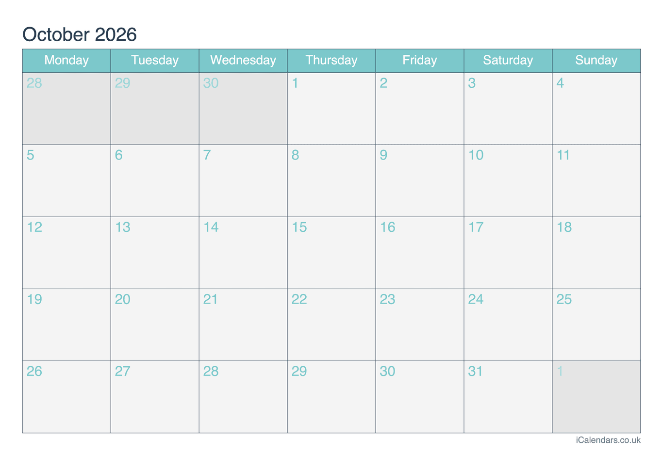 Calendar October 2026 - Turquesa