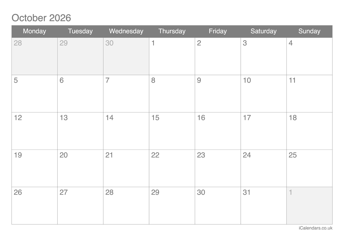 Calendar October 2026