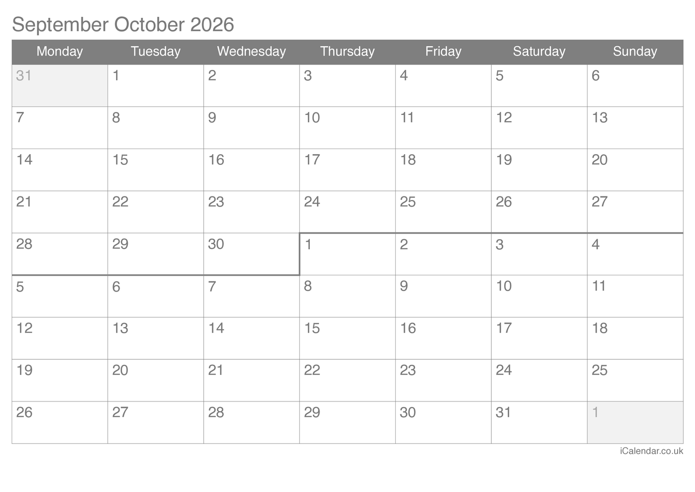2026 September October Calendar