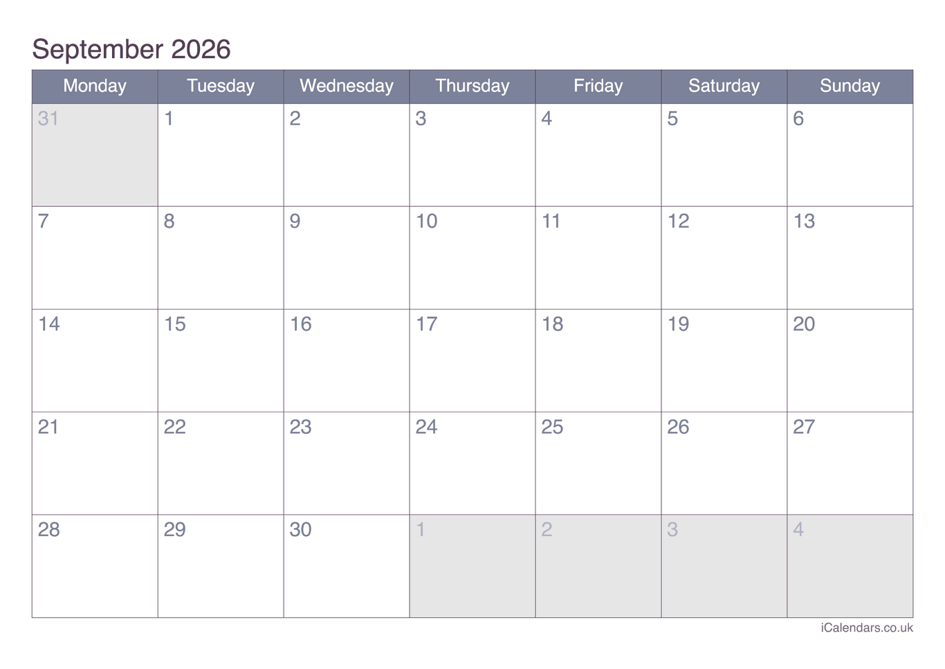 Calendar September 2026 - Office