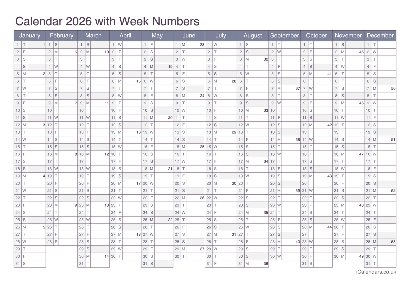 Calendar 2026 with week numbers - Office