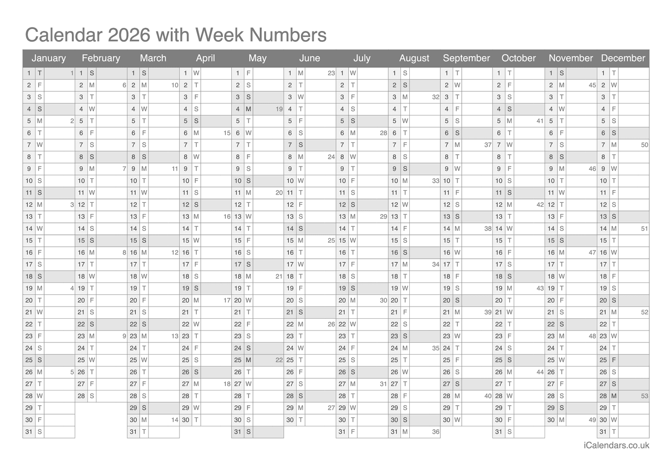 Calendar 2026 with week numbers