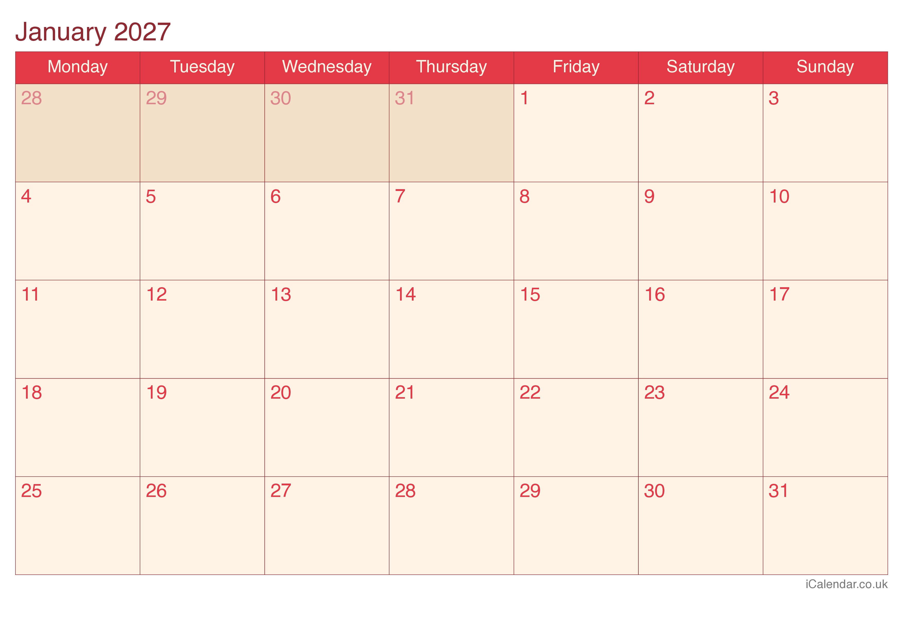 2027 Monthly Calendar - Cherry
