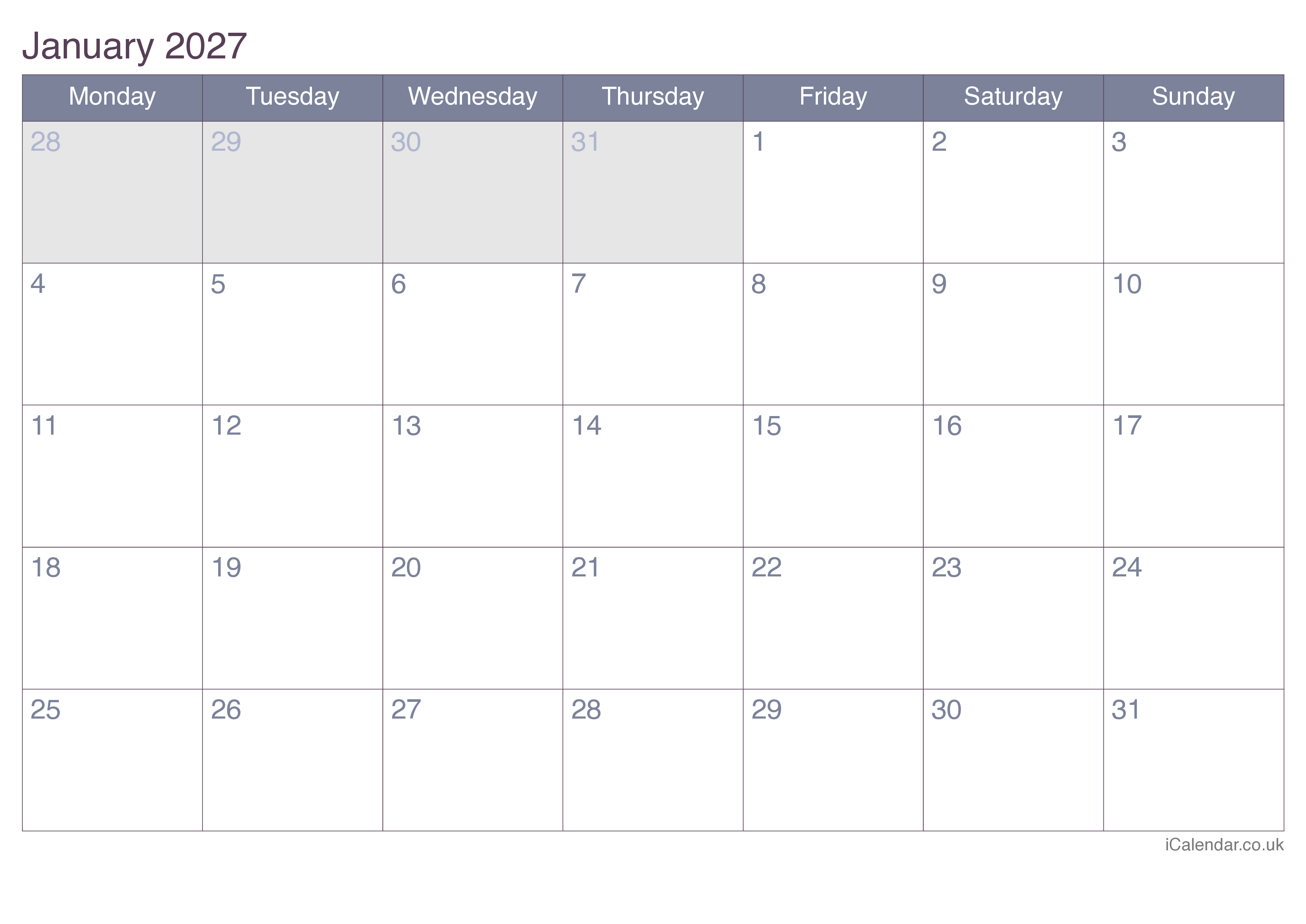 2027 Monthly Calendar - Office