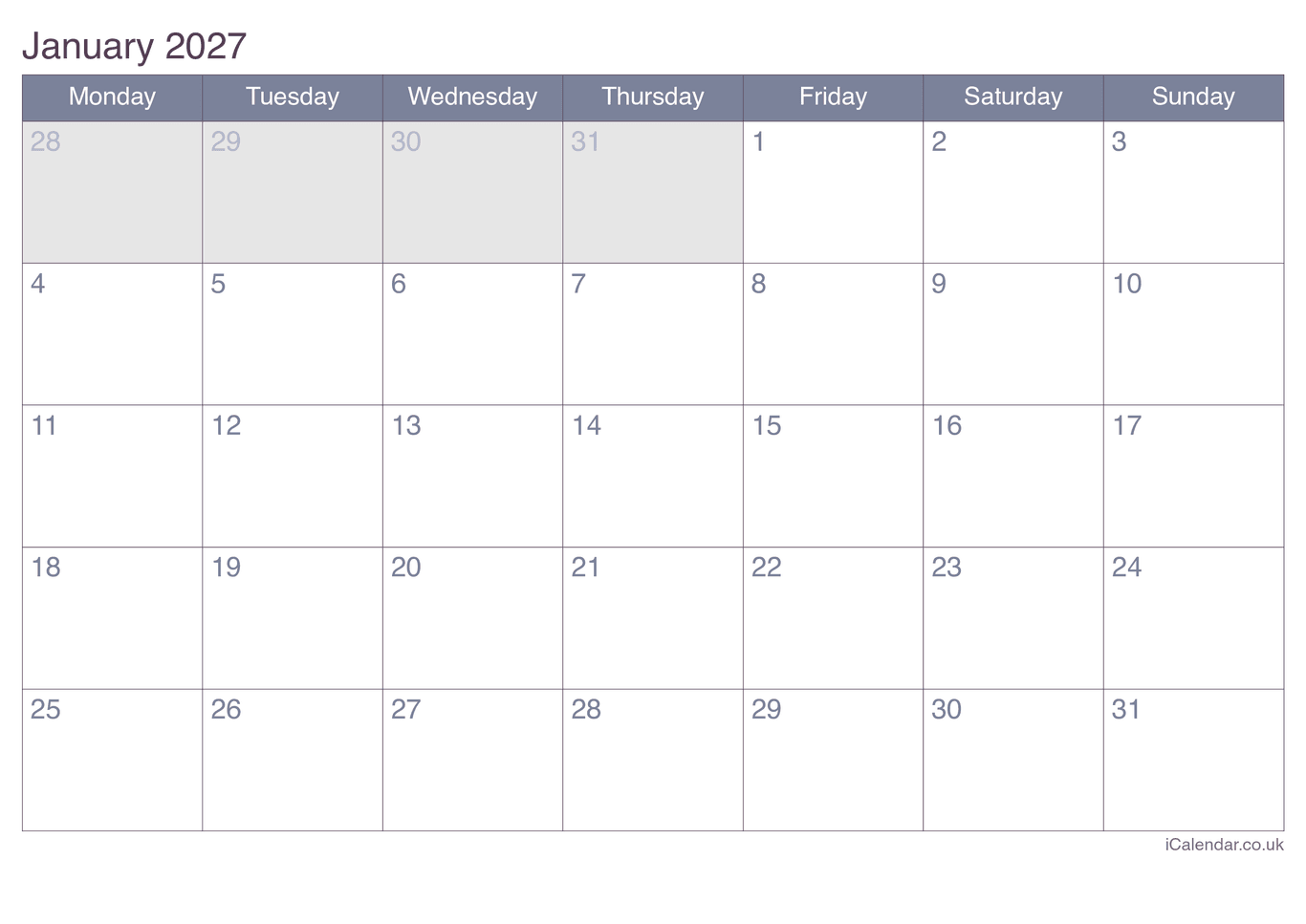 2027 Monthly Calendar - Office