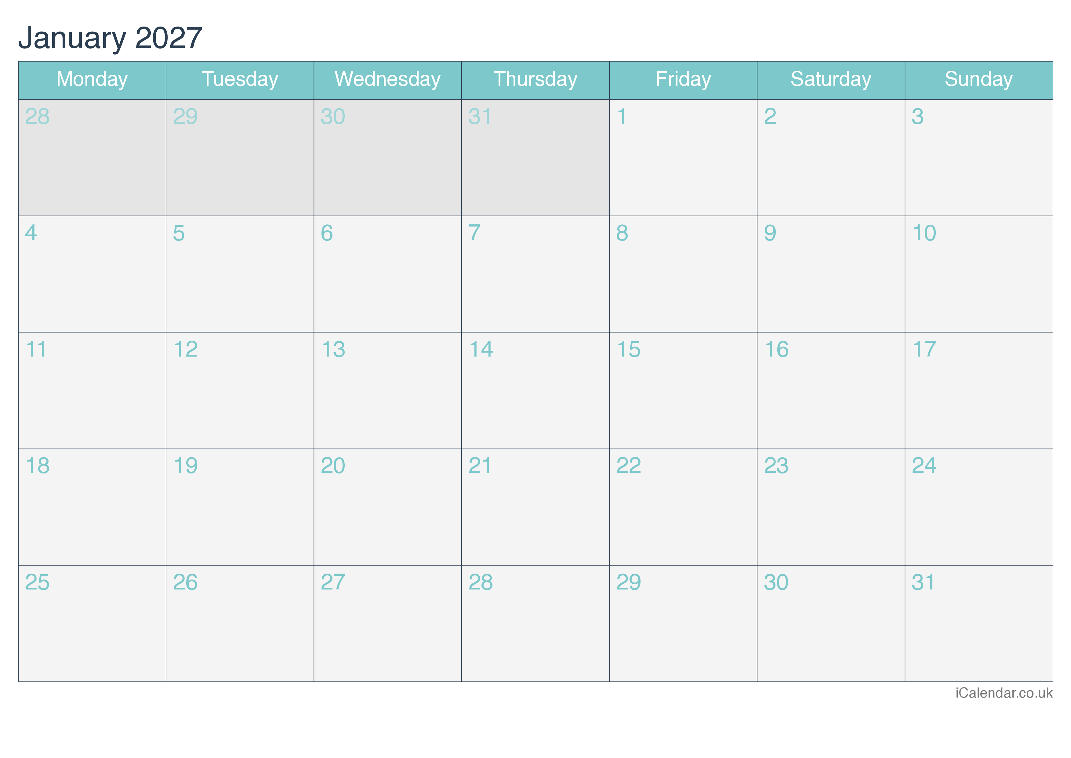 2027 Monthly Calendar - Turquesa