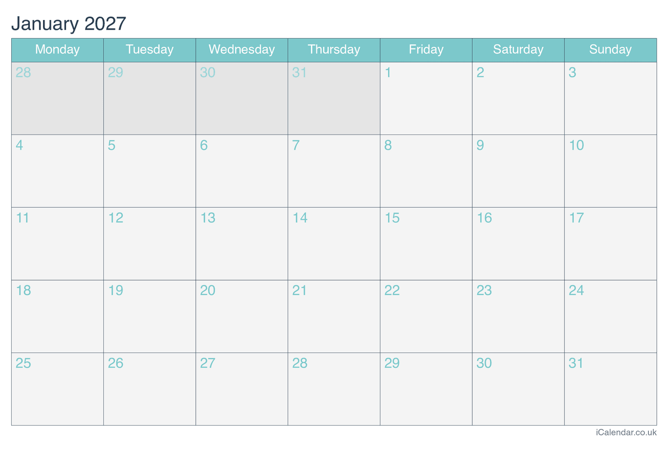 2027 Monthly Calendar - Turquesa