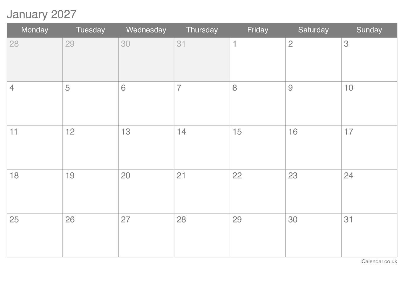 2027 Monthly Calendar