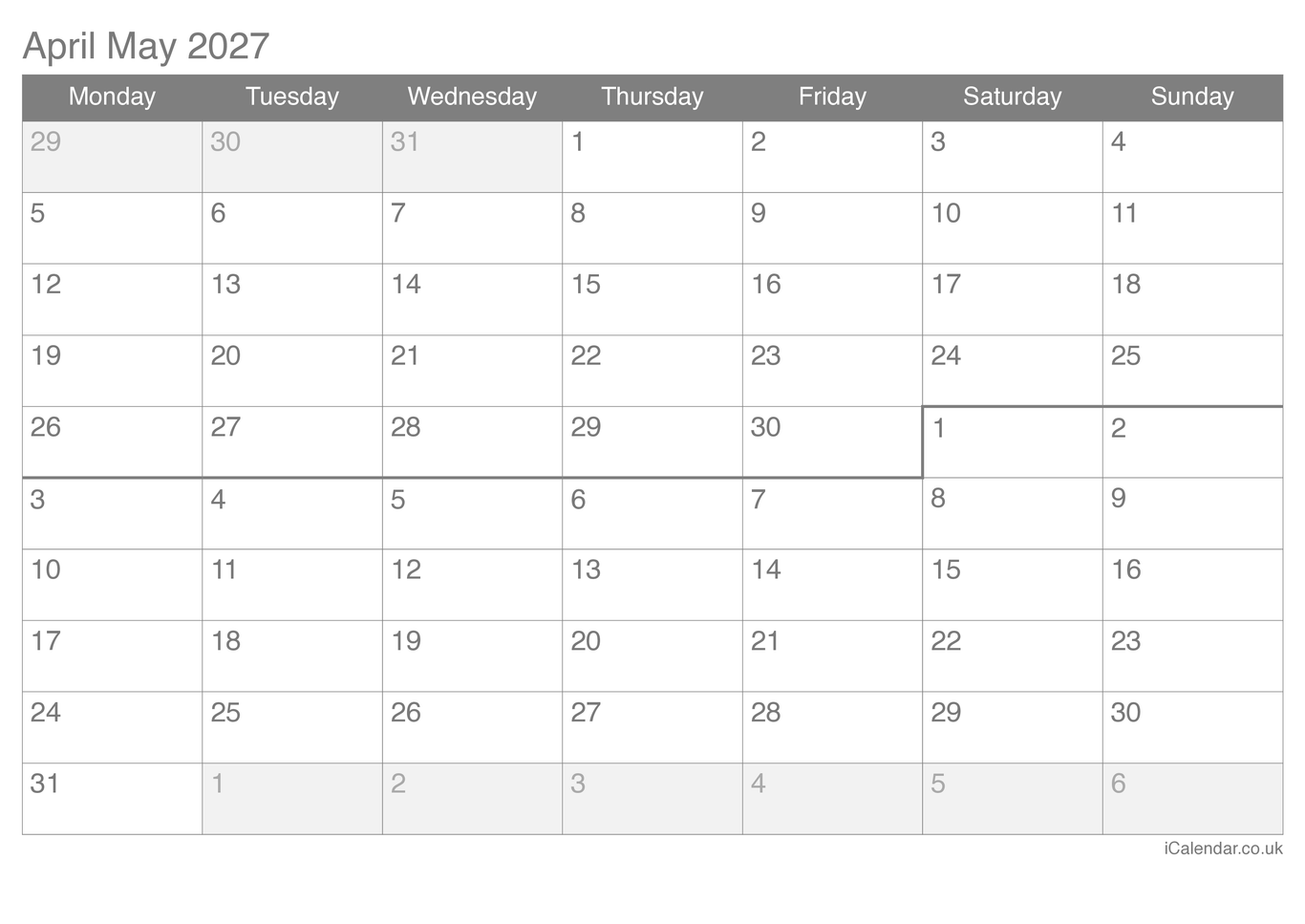 2027 April May Calendar