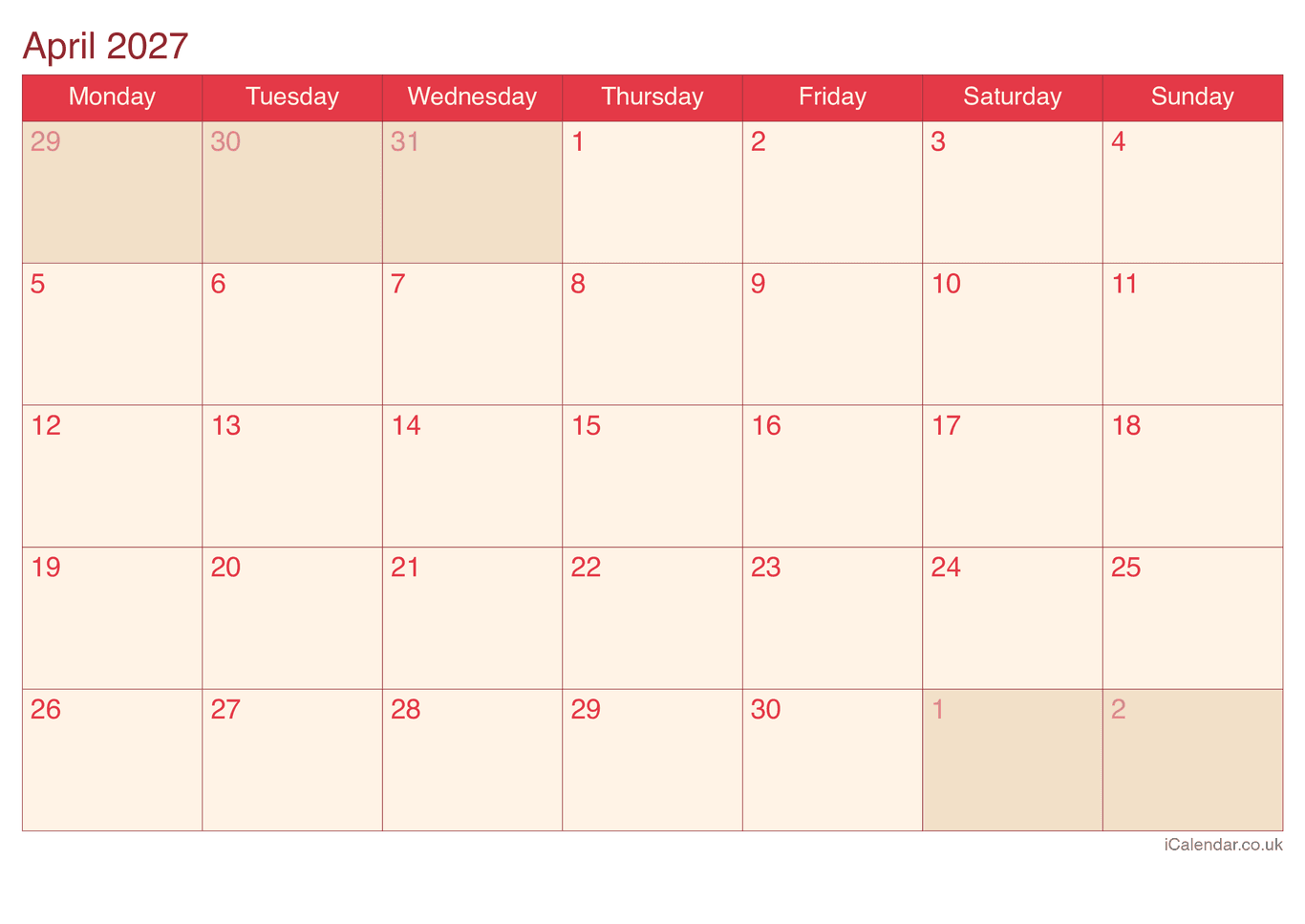 2027 April Calendar - Cherry